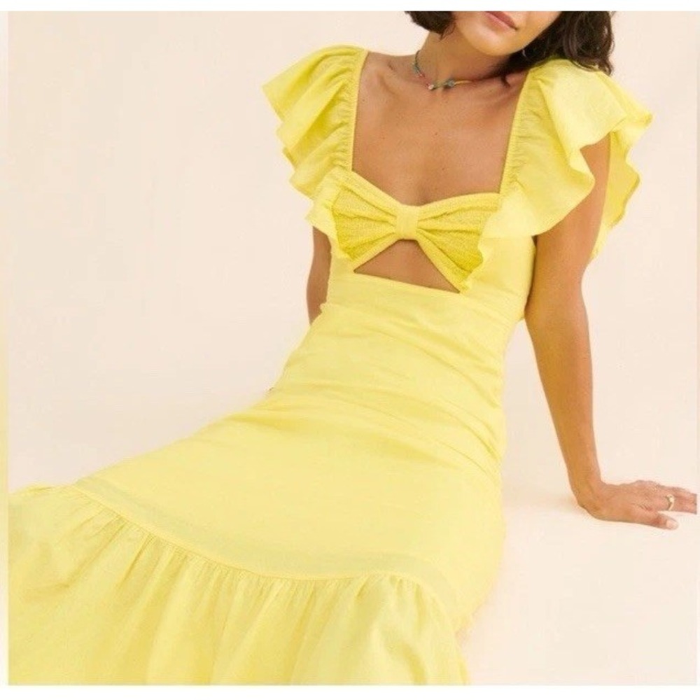 Farm Rio Flutter Sweetheart Neck Butter Yellow Cut Out Bandeau Midi Dress Size S - Picture 4 of 10